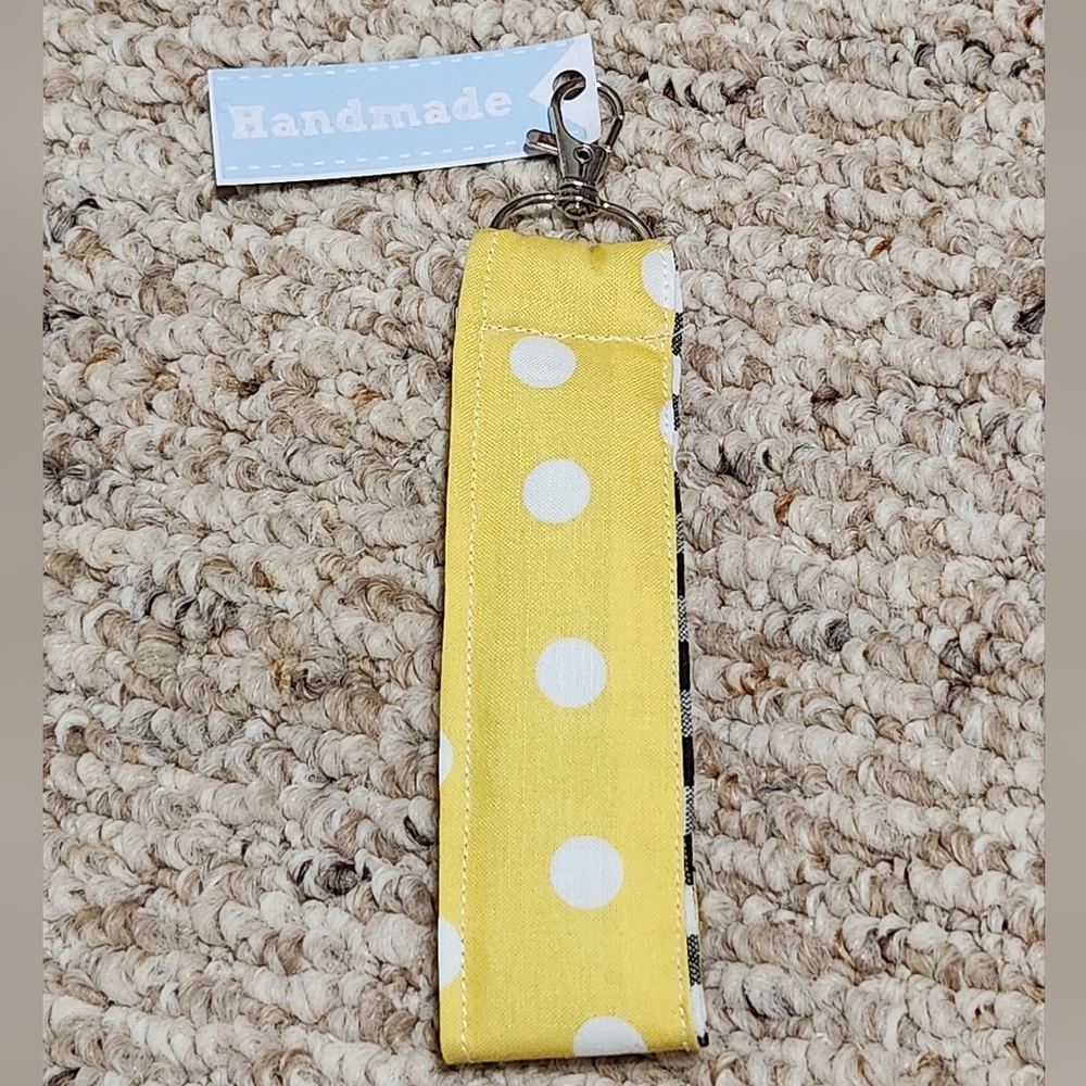 Handmade Yellow and White Polka Dot with Black and White Plaid Key Fob